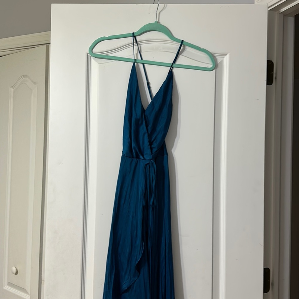 v-neck high low blue dress